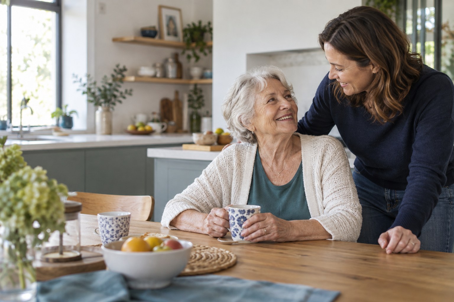 Une femme senior et sa fille partagent un moment chez elles